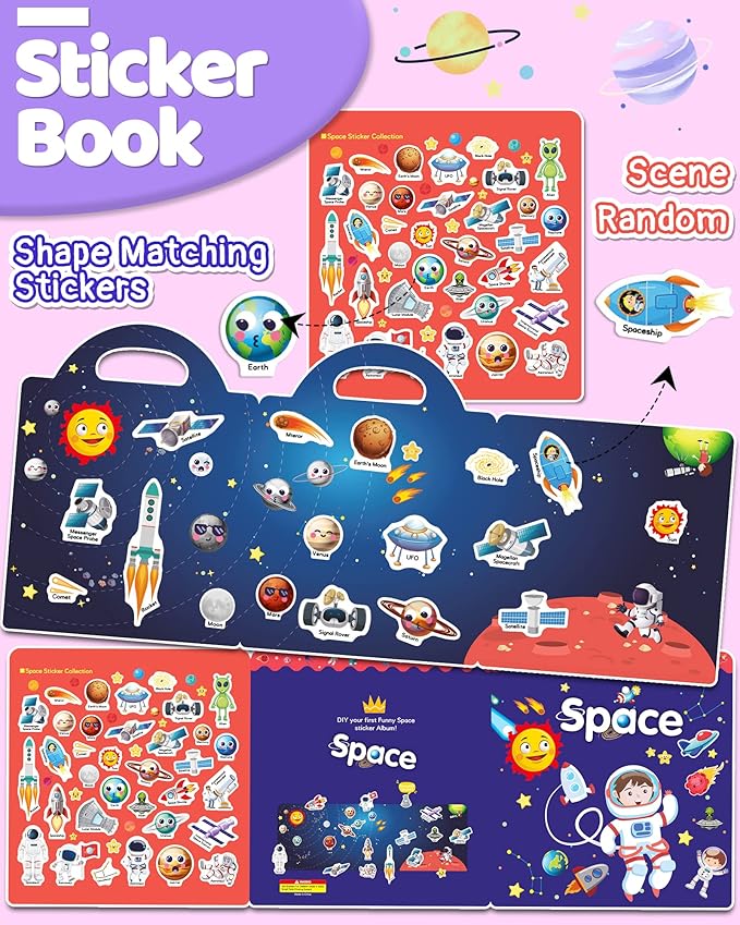 Benresive Reusable Sticker Book for Toddlers 2-4 Years, Fun Travel Stickers for Kids, Waterproof Sticker Books for Toddlers 1-3, Crafts Activities for Todddlers 1-3 2-4 3-5 - Space