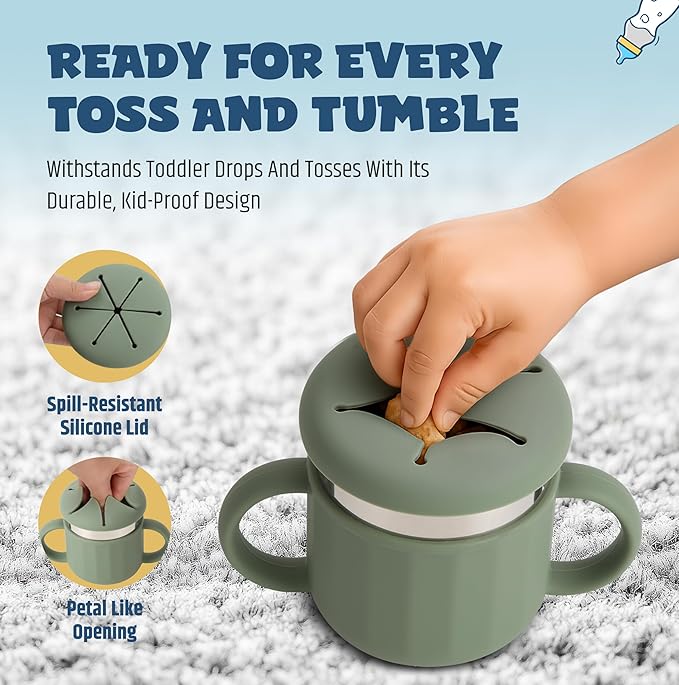 Jumble Dream Stainless Steel Baby Snack Cup for Toddlers Kids – Spill-Proof Silicone Snack Container – BPA-Free Non-Toxic Dishwasher Safe Food-Grade Stainless Steel for Baby Snacks 6m+ to 3+ Years