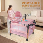 JOYMOR 7 in 1 Bedside Bassinet with Changing Table, Baby Girl Bassinet, Pink Bedside Sleeper with Mattress, Sheet, Canopy, Storage Shelf