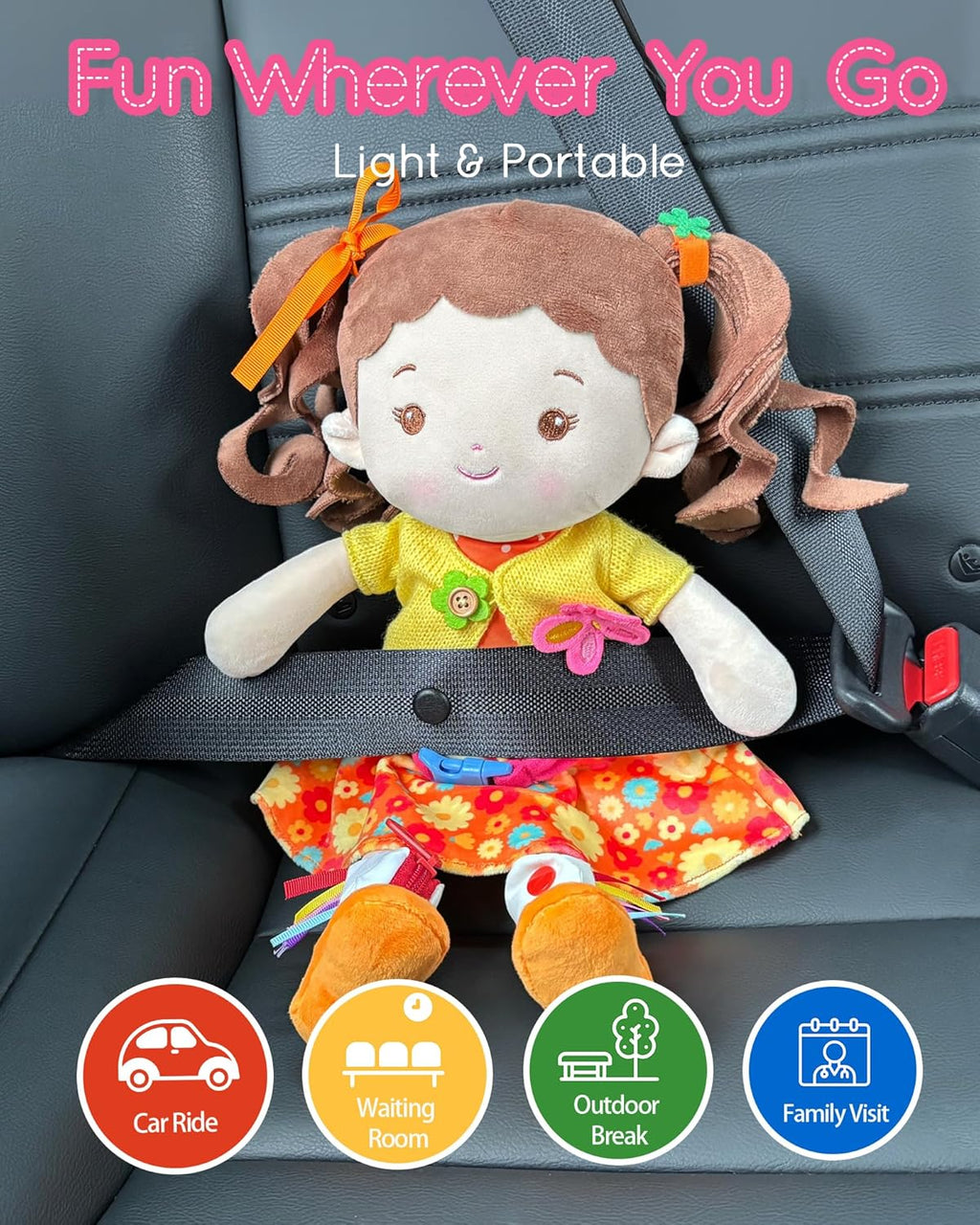 Learning Sensory Doll for Toddlers, Montessori Toys for 2-Year-Old Girls Christmas, Birthday Gifts, Plush Doll with Zipper, Shoelace, Button-Busy Flora Girl