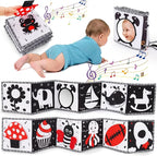 Black and White High Contrast Toys for Baby 0-3 3-6 Months Infant Tummy Time Soft Book Sensory Musical Toy 0-2-4-6 Month Babies Brain Development Montessori Crinkle Book Mirror Newborn Shower Gifts