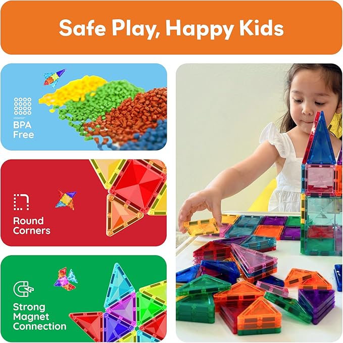 PicassoTiles 120pcs Mini Size Magnetic Tiles Magnet Toys Diamond Series Sensory Construction Building Blocks Set STEM Learning Travel Size Educational Toy for Kids Boys Girls Toddlers Age 3+ PTM120