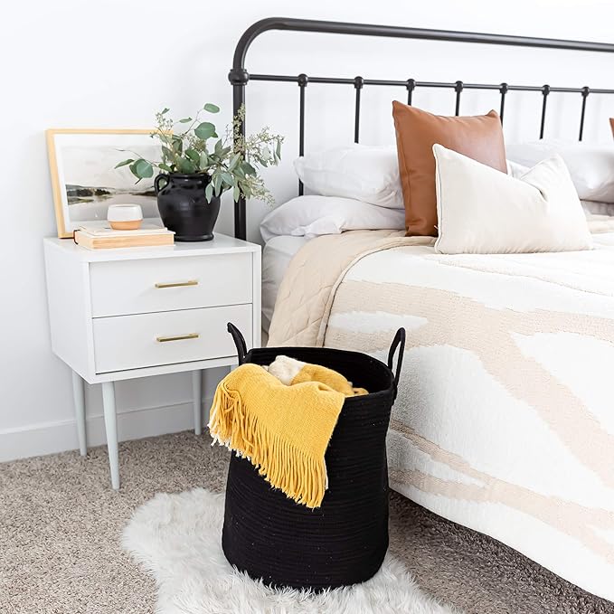 OrganiHaus Woven Laundry Basket - Large Round Black Rope Basket for Dirty Clothes, Blankets, Toys & Nursery Organizers - 38x45cm