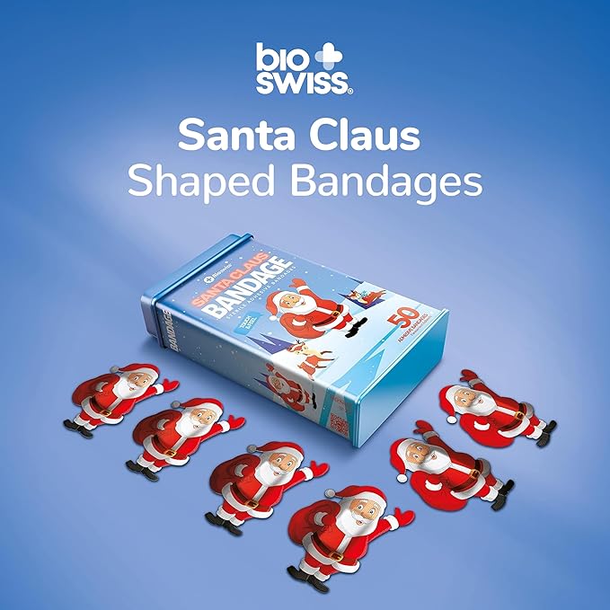 BioSwiss Bandages, Santa Claus Shaped Self Adhesive Bandage, Latex Free Sterile Wound Care, Fun First Aid Kit Supplies for Kids, 50 Count