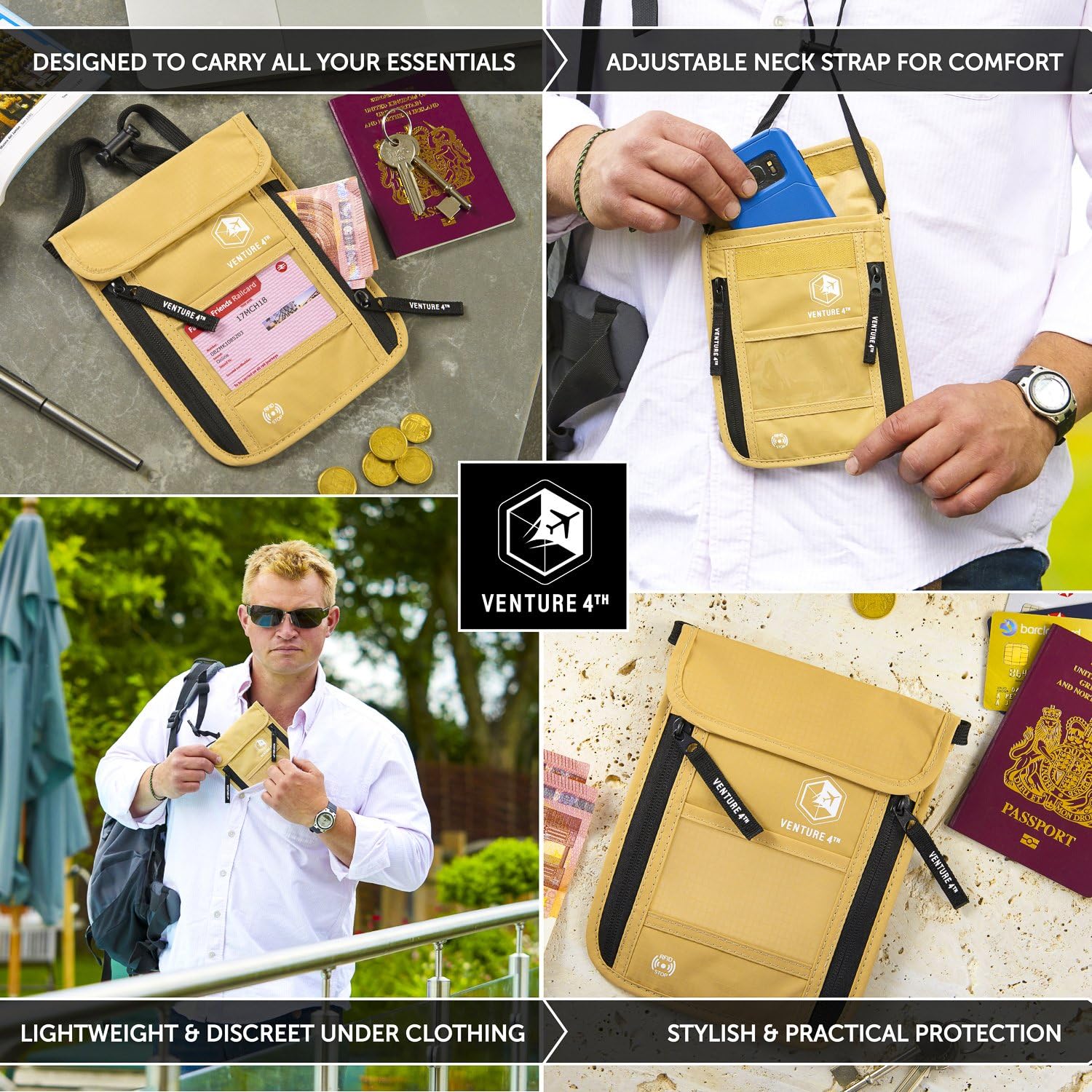 VENTURE 4TH Passport Holder Neck Wallet with RFID Blocking Nylon Lining - Hidden Neck Pouch for Travel (Beige)