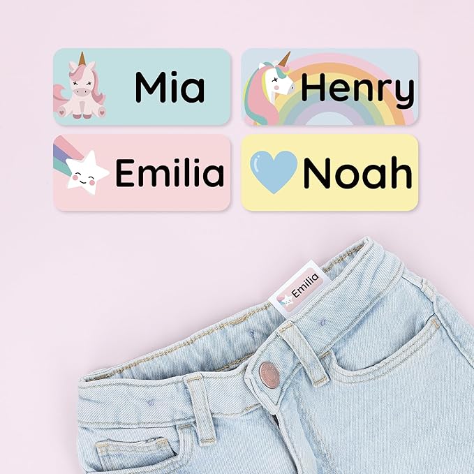 Personalized Name Labels for Kids (60) – Custom Waterproof & Durable Stickers for Clothing, Daycare, Office & School Supplies - Unicorns