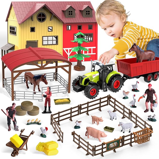 Barn Farm Animal Toys for Kids,Tractor Trailer with Lights & Sound, Farm Barn Playset Horse Stable,Farm Accessories, Pig,Sheep,Goose Duck Birthday Gifts for Kids Toddlers Boy Girl 3-7 Years Old