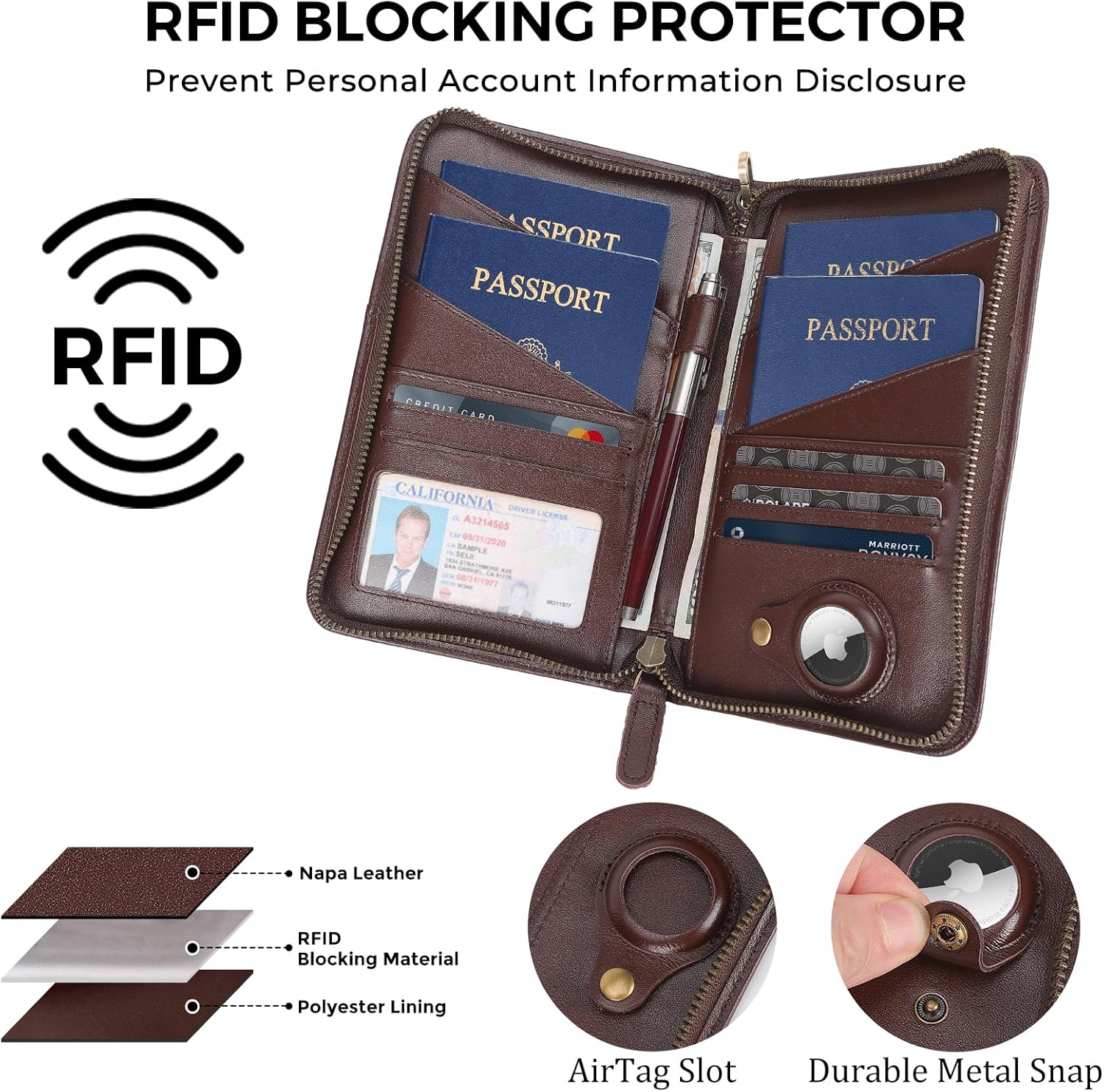 Polare Full Grain Leather Passport Holder Cover Case for Men and Women RFID Blocking Family Travel Wallet Holds 6 Passports