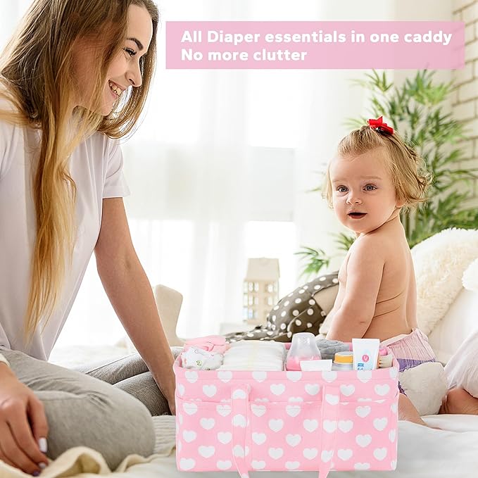 Diaper Caddy Organizer for Baby Girl-Nursery Storage Bin-Portable Car Organizer for Diapers and Baby Wipes- Baby Shower Registry Basket Newborn Must Have Tote Caddy Bag（Pink Heart）