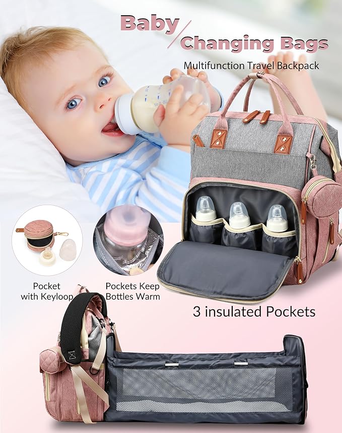Diaper Bag with Changing Station, Waterproof 3 in 1 Baby Diaper Backpack with Foldable Changing Pad, Pink-Grey