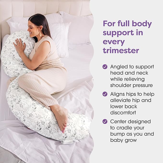 Boppy Total Body Pregnancy Pillow, Gray Scattered Leaves, Supportive Pregnancy Body Pillow for Versatile Full Body Use, Contoured Shape at All Stages