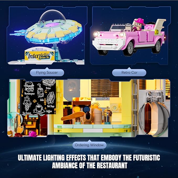 Interstellar-Diner Lighting-Building-Bricks City Set - 2188 Pcs Road UFO Drive-in Restaurant Modular Collection LED Light Space Car Restaurant Set for Adults and Travelling Enthusiasts