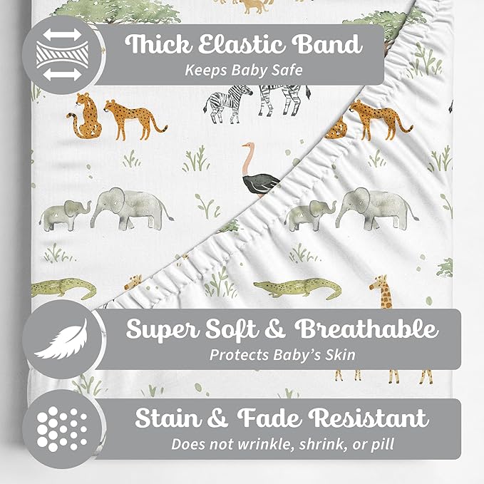 Pack and Play Sheets Fitted, Mini Crib Sheets for Graco Pack N Play Playard (38x26), Ultra Soft Organic Cotton Blend, Safe & Snug Playpen Mattress Sheet for Baby Boys & Girls, Safari Adventure, 2-Pack