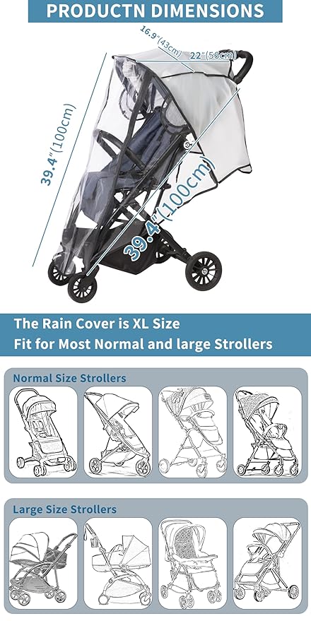Universal Stroller Rain Cover, Clear Breathable Weather Shield with Waterproof Zipper, 4 Seasons Protection (XL)
