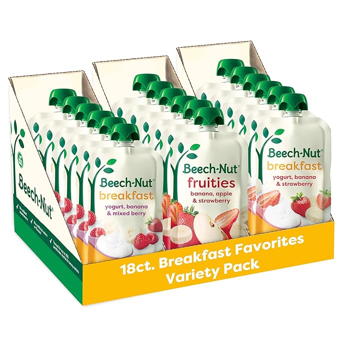 Beech-Nut Toddler Food Breakfast Pouches Variety Pack, NEW Breakfast Favorites Fruit & Yogurt Purees Variety Pack, 3.5 oz (18 Pack)