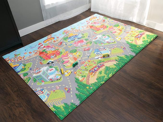 Baby Care Play Mat (Medium, Playful - Zoo Town) 73’’ x 49’’ Original One-Piece Reversible Rollable Waterproof Play Mat for Infants, Babies, Toddler, and Kids