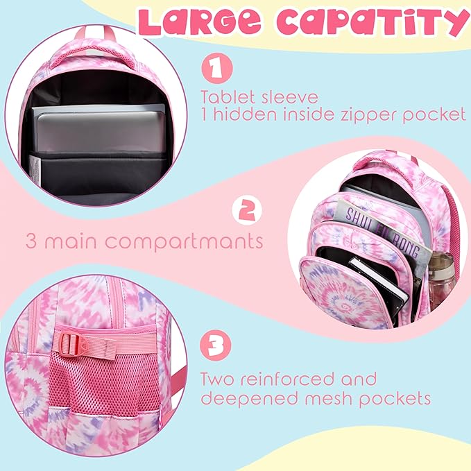 BLUEFAIRY Kids Backpack for Girls Elementary Primary Middle School Bags for Aged 8-10 for Teens Childs Bookbags Back to School Book Bags Gifts Mochilas para Niñas de 6 7 8 9 10 Años Tie-dye Pink