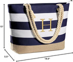 YOOLIFE Initial Canvas Waterproof Beach Tote Bag Zipper Personalized Gifts for Women Her Birthday Travel Beach Essential