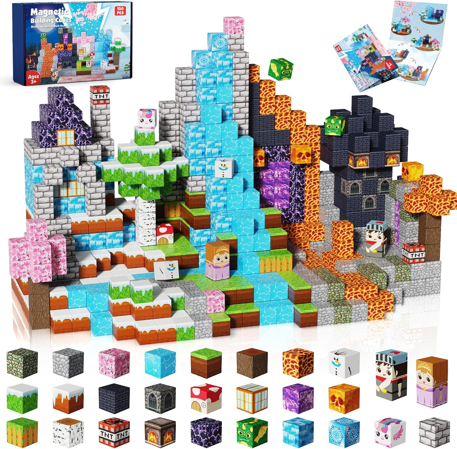 Magnetic Blocks - 150PCS Magnetic Building Block Cubes Dark Forest Glacier Castle, Magnet Toy Building Sets for Kids Age 3+, STEM Stacking Construction Toys Easter Gift for Boys Girls Age 4-8, 8-12