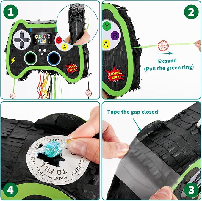 WERNNSAI Foldable Video Game Piñata - Pull String Gaming Birthday Party Supplies Extendable Piñata with Blindfold Bat and Tassels Game On Birthday Party Decoration Folding Piñatas for Classroom Game