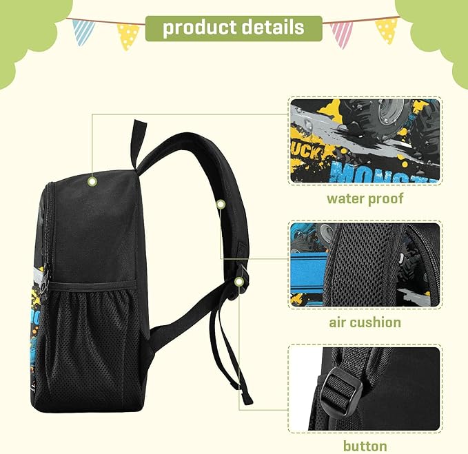 Toddler Monster Truck Waterproof Mini Backpack, 11 Inch, Pattern 4, Black, Small