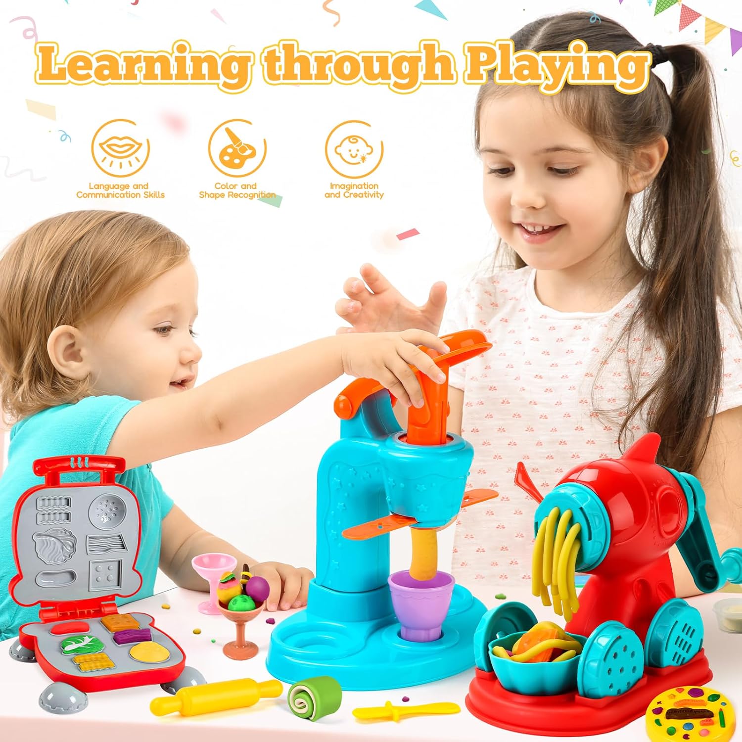 59 PCS 3 in 1 Dough Sets for Kids Ages 2-4-8, Art Crafts Dough Tools Kit, Ice Cream Playset Noodle Hamburger Maker Machine, Kitchen Creations Food Play Toys Toddlers Boys Girls