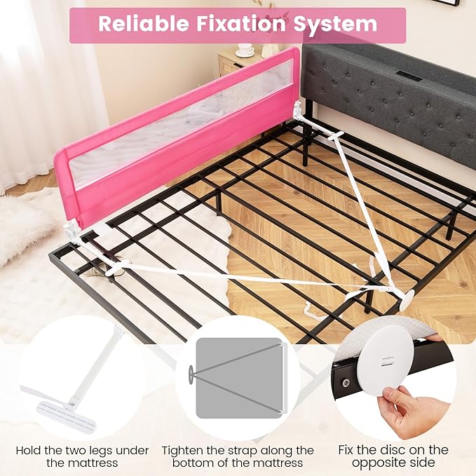 HONEY JOY Bed Rail for Toddlers, 71-in Extra Long, Portable Safety Bed Guardrail w/Double Safety Child Lock, Foldable Baby Bed Rail Guard, Fit King & Queen Full Twin Size Bed Mattress(Pink, Pack 1)