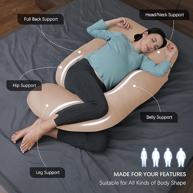 MOON PARK Pregnancy Pillows for Sleeping - U Shaped Full Body Maternity Pillow with Removable Cover - Support for Back, Legs, Belly, HIPS - 65 Inch - Brown - Cooling Cover