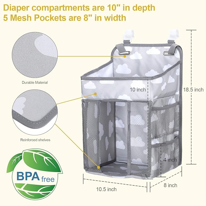Accmor Hanging Baby Diaper Caddy Organizer, Diaper Stacker, Baby Crib Hanging Classified Storage Bag Organizer for Changing Table, Crib, Playard or Wall & Nursery Organization, Grey Cloud