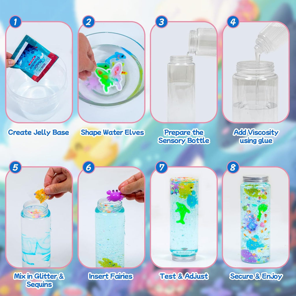 Make 3 Sensory Bottle, Glow-in-The-Dark Magic Gel Water Fairy Toy, DIY 100+ Aqua Water Squishy kit with 18 Shape Molds, 100ml Gels, 5L Bucket, Shell, Glitter, Pom-Poms, Arts Crafts for Kids