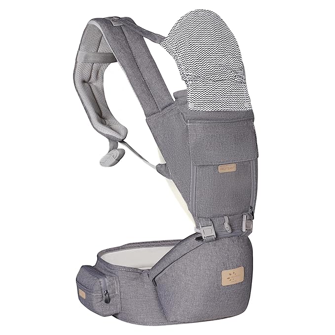 FRUITEAM 6-in-1 Baby Carrier with Waist Stool/Hip Seat for Breastfeeding, One Size Fits All - Adapt to Newborn, Infant & Toddler (Greyish)