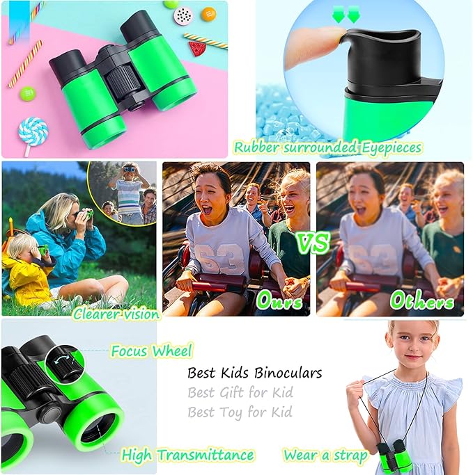 Kids Binoculars Best Gifts for 3-12 Years Boys Girls High-Resolution Optics Shockproof Mini Compact Binocuolar Toys Folding Small Telescope for Bird Watching Camping Outdoor Play
