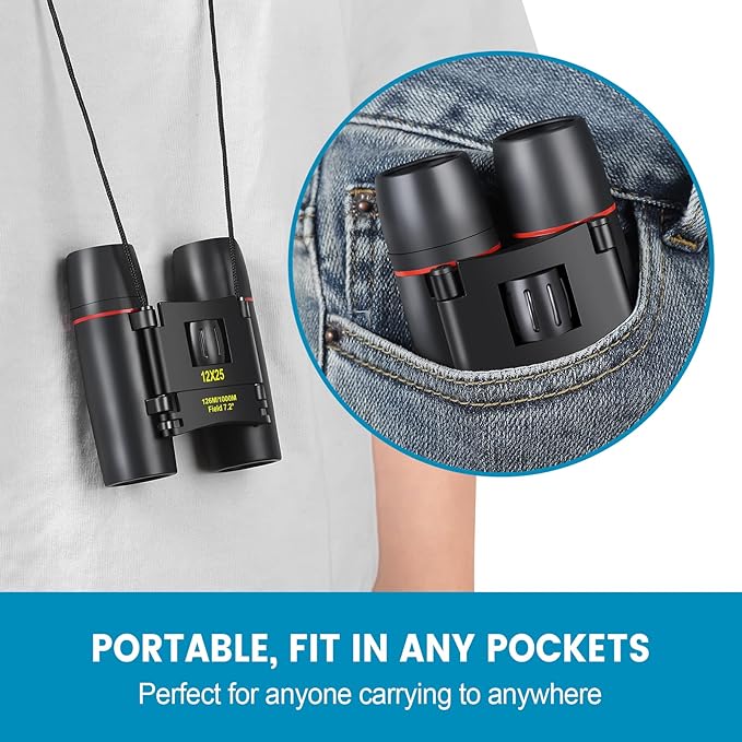 12X25 Mini Pocket Binoculars Compact, Small Lightweight Foldable for Adults Kids Bird Watching, Travel, Opera Concert, Hiking, Cruise, Football Game Green