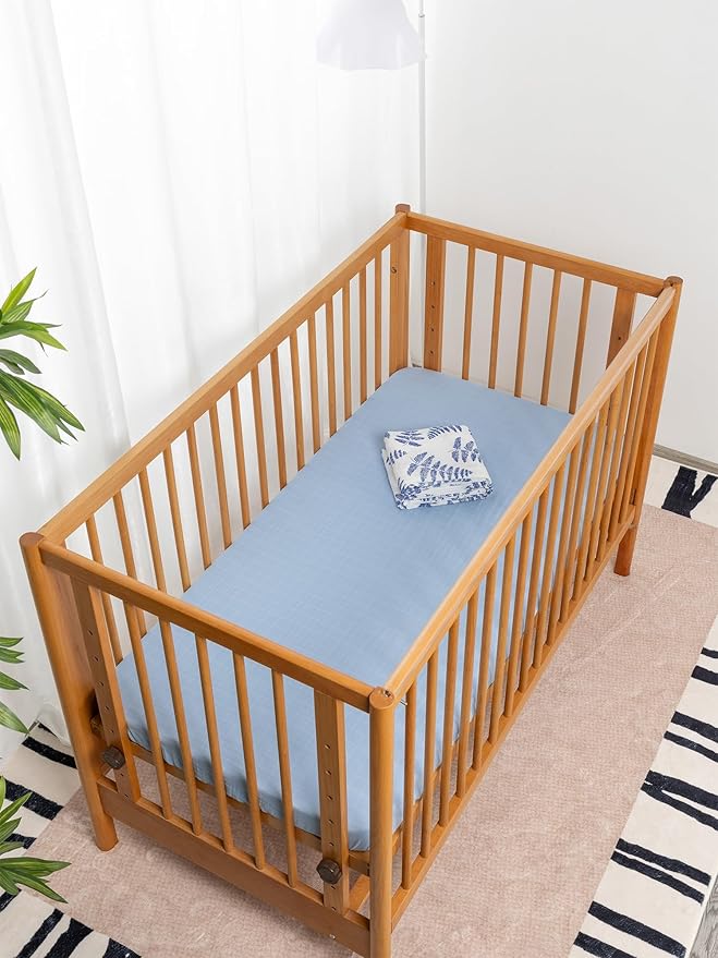 Margaux & May Organic Muslin Cotton Baby Crib Sheets, Blue Fern Print 2 Pack, Fitted, Breathable, Toddler Bedding, 52 x 28, Deep Pocket, Organic Crib Sheets for Cozy Sleep