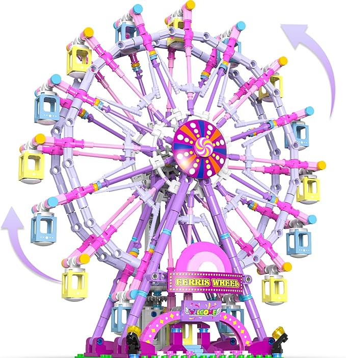 Ferris Wheel Building Block Set with Fairy Light, Two-Way Rotating Ferris Wheel Building Set 813 Pieces, Amusement Park Interlocking Blocks Toys for Ages 8-13, Gift Idea for Boys and Girls