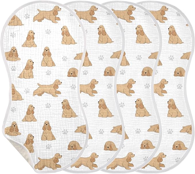 4 Pack Muslin Burp Cloths American Cocker Dog White Cotton Baby Burp Cloths Ultra Absorbent Burping Cloth Soft Spit Up Rags for Newborn Babies Boys Girls 22x11 Inch