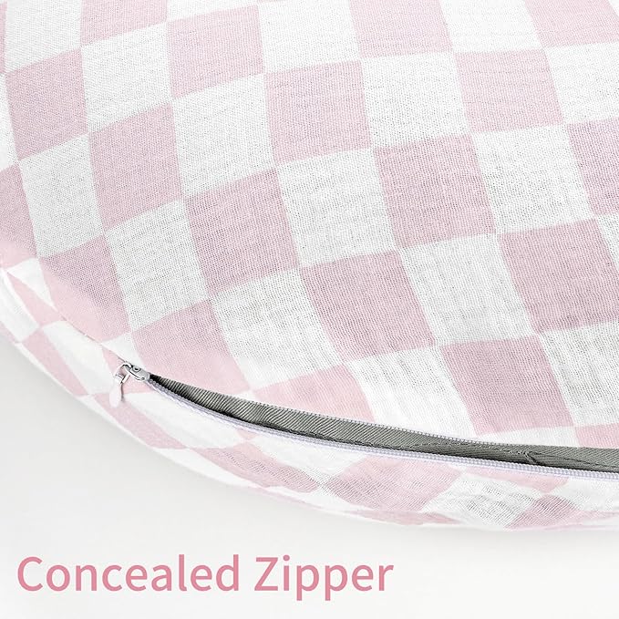 SWESEN Muslin Nursing Pillow Cover, Soft Removable Cover for Breastfeeding Pillows, Pillow Slipcover for Baby Boys and Girls, Comfortable & Breathable, Pink Plaid, Washable (Only Cover)