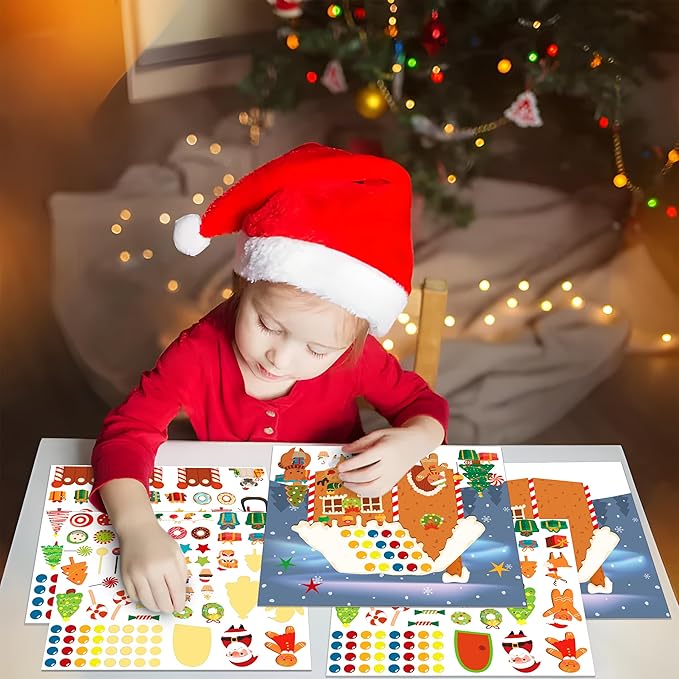LINAYE 48PCS Make A Gingerbread House Stickers, Christmas Crafts for Kids, Gingerbread House Craft Stickers, 24 Finished Products