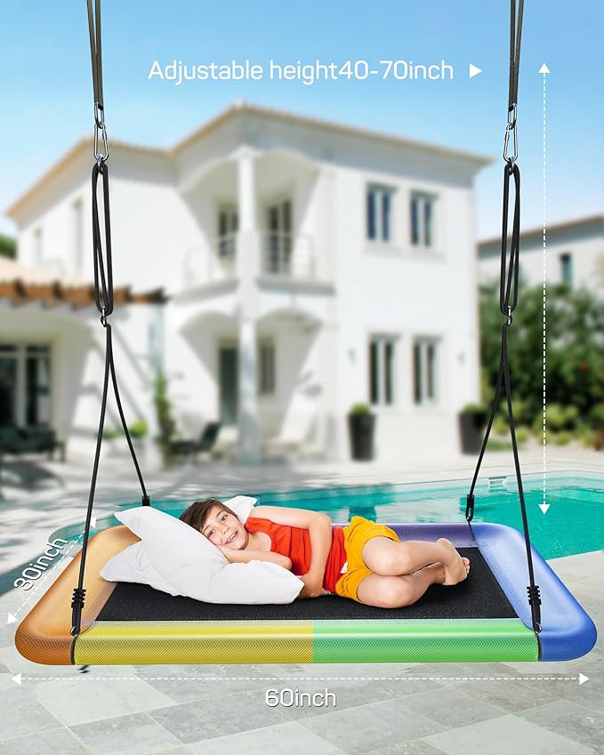 Tree Swing for Kids and Adults, 60" Waterproof Rectangle Platform Swing, 700lbs Heavy Duty with Adjustable Straps, Rainbow