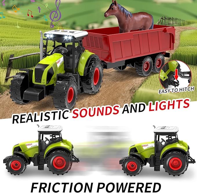 Barn Farm Animal Toys for Kids,Tractor Trailer with Lights & Sound, Farm Barn Playset Horse Stable,Farm Accessories, Pig,Sheep,Goose Duck Birthday Gifts for Kids Toddlers Boy Girl 3-7 Years Old