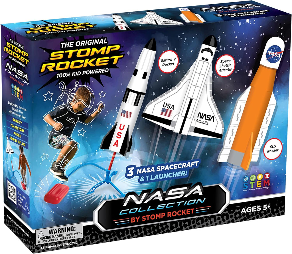 Stomp Rocket Space Collection Rocket Launcher for Kids, 3 NASA Rockets - Backyard & Outdoor Fun Toy Gift for Boys & Girls - STEM Soft Foam Blaster Set Soars Up to 100 Feet - Ages 5 & Up