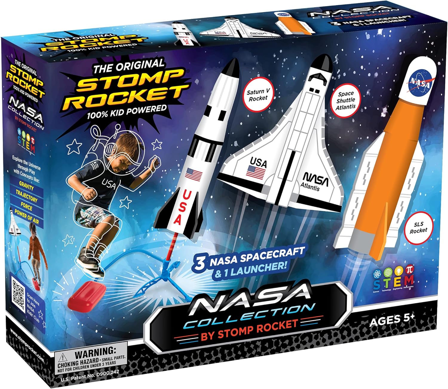 Stomp Rocket Space Collection Rocket Launcher for Kids, 3 NASA Rockets - Backyard & Outdoor Fun Toy Gift for Boys & Girls - STEM Soft Foam Blaster Set Soars Up to 100 Feet - Ages 5 & Up