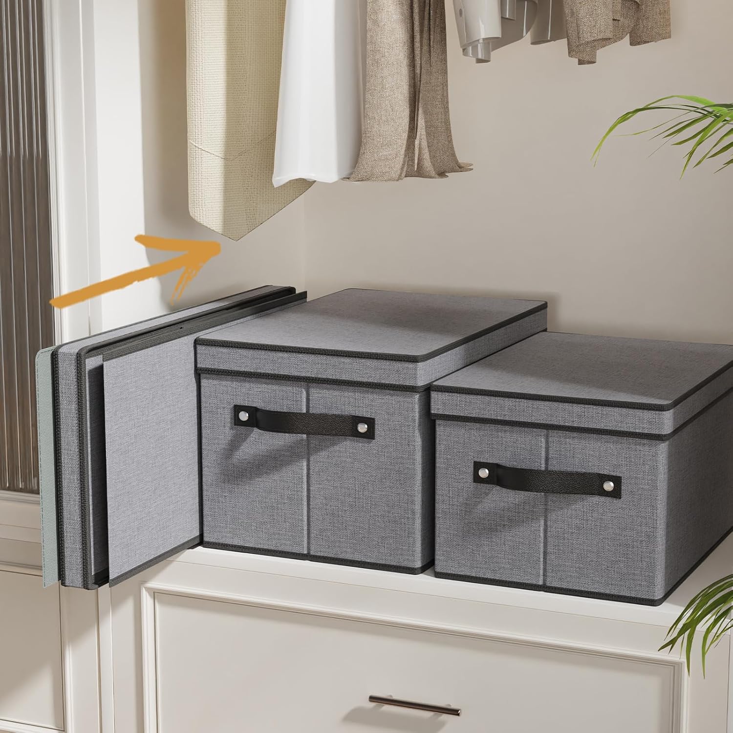 Clothing Storage Bins, Blanket Baskets for Shelves, Fabric Cubes with Handles and Lids, Decorative Linen Closet Organizers Boxes, Gray, 3 Pack, 16.5 x 11.8 x 10.2 Inch