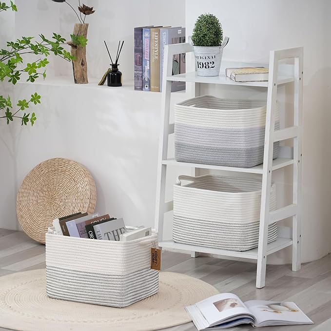 COMFY-HOMI 3 Pack Cotton Rope Square Basket with Handles - Storage & Organizer (White/Black Line, 13.5" x 11" x 9.5")