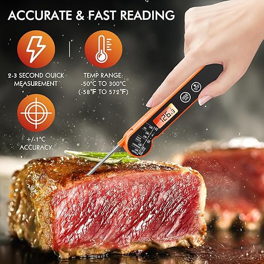 Meat Thermometer Digital with Backlight, Calibration & Hold Function, IP65 Waterproof Food Thermometer for Cooking, Outdoor Grilling, Candy Making