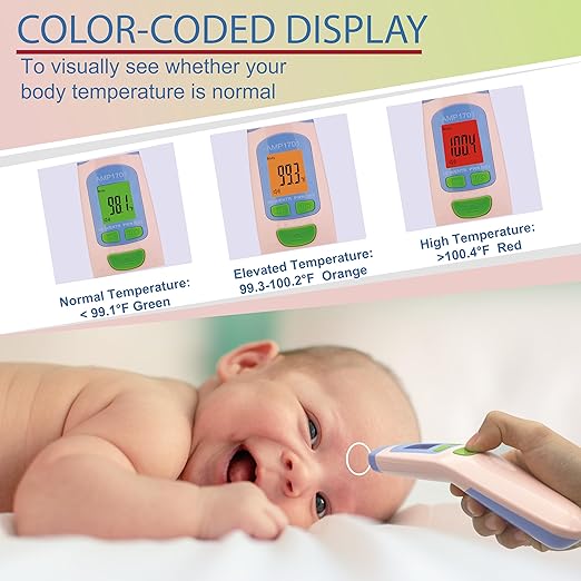 Amplim Non-Contact Forehead Thermometer for Adults, Kids & Infants | Ampmed No-Touch Medical Grade Temporal Fever Thermometer with Case, Nurse Accessories for Work, FDA-Cleared Pink Termometro Digital