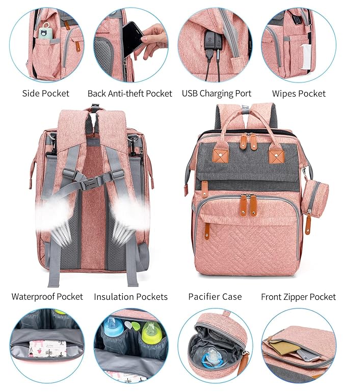 KABAQOO Diaper Bag Backpack with Detachable Changing Station, Large Capacity Baby Diaper Bags for Boys & Girls, Baby Registry Search Stuff & Shower Gifts, Newborn Essentials Must Haves, Pink Grey