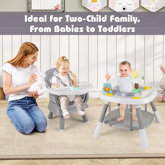 HONEY JOY 16-in-1 Baby High Chair, Convertible Highchair for Babies and Toddlers/Booster Seat/Activity Center with Toys, Building Block Table & Stool, Safety Harness, Removable Cushion & Tray (Gray)