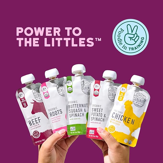 Serenity Kids 6+ Months Baby Food Pouches Puree Made with Ethically Sourced Meats & Organic Veggies - No Sugary Fruits or Added Sugar - 3.5 Oz BPA & Allergen Free Pouch- Baby Puree Variety Pack
