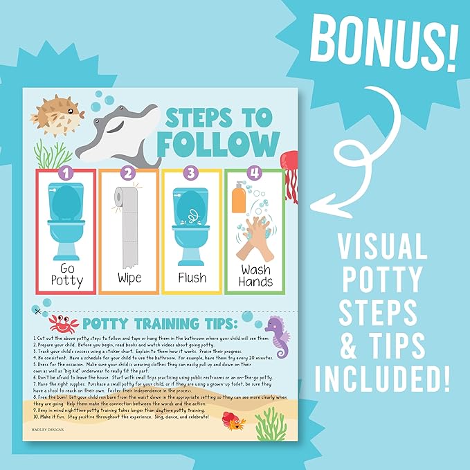 Hadley Designs Potty Training Chart for Toddlers Boys -10 Sticker Potty Chart for Toddlers Girls, 8.5x11" Potty Training Sticker Charts for Toilet Success, Under The Sea Toddler Reward Chart for Kids
